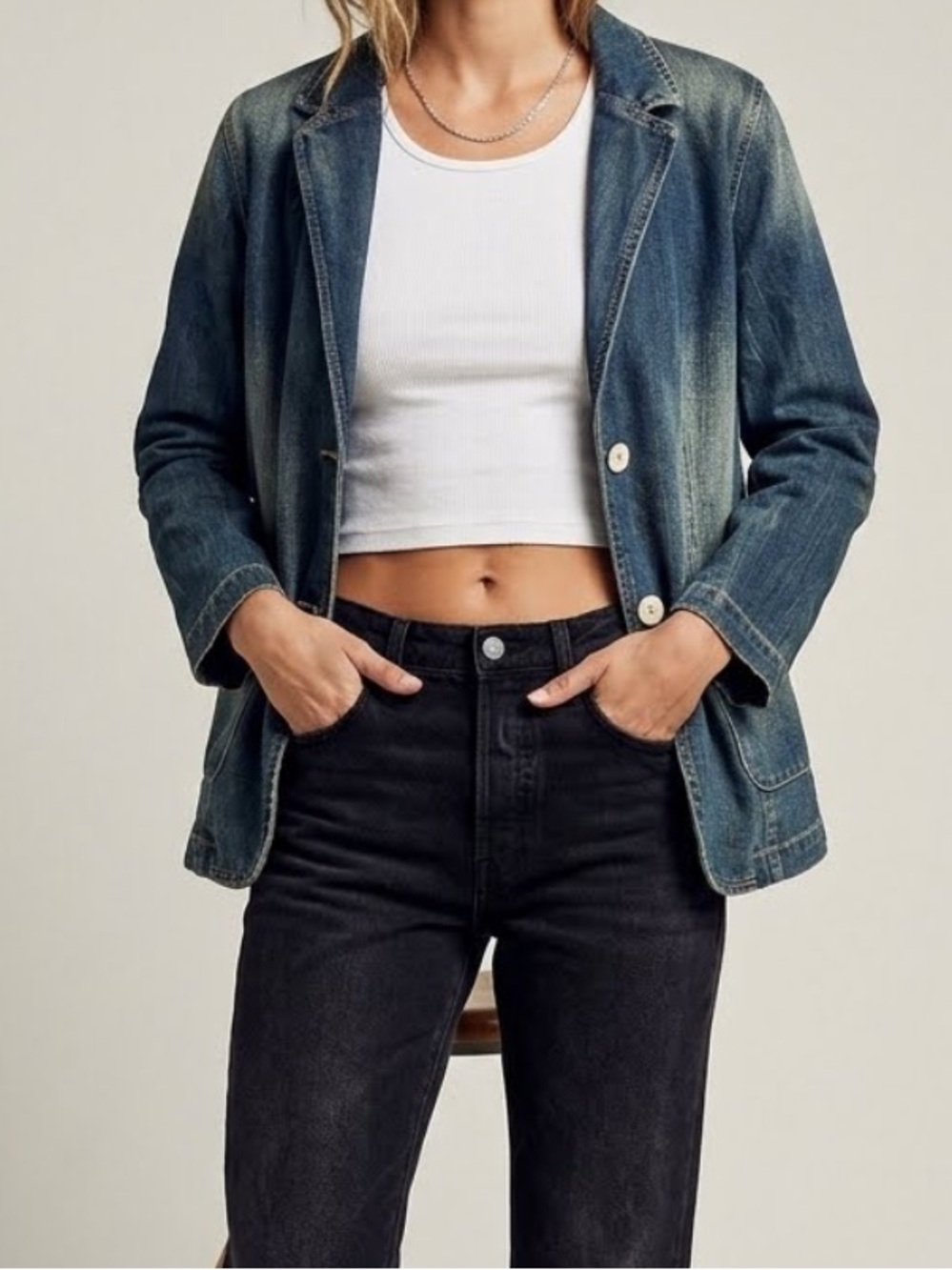 INKED & FADED Denim Blazer Jacket Fitted Y2K Small